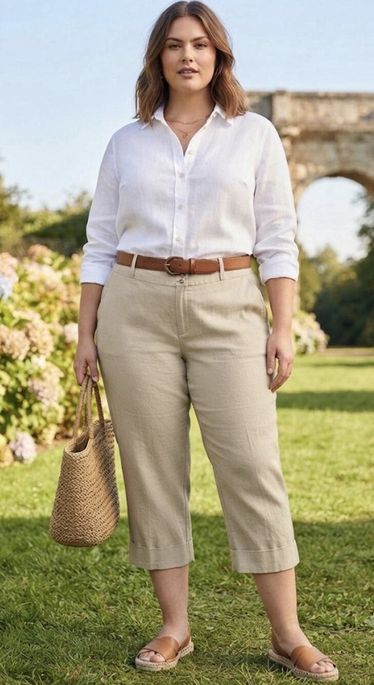Rafaella 22W Sand Color Linen Pant Cropped Capri Belted Pockets Plus Size Travel